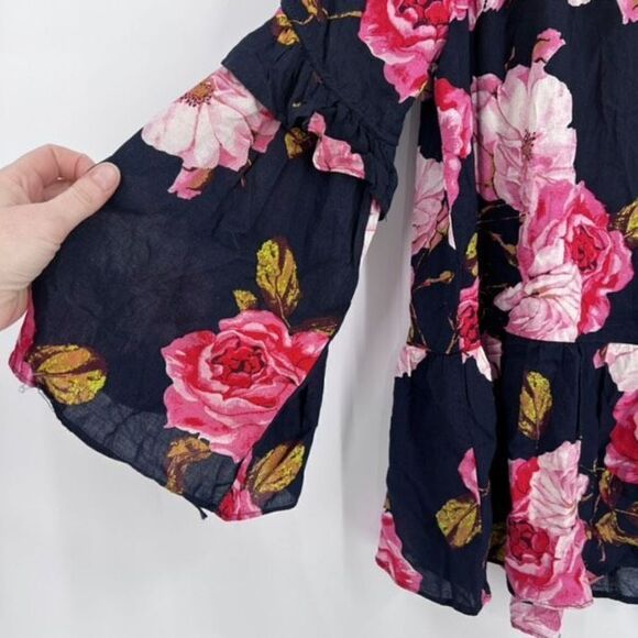 Entro Women's Floral Tiered Blouse Top Layered Bell Sleeve Pink Navy Blue Small - Picture 6 of 15